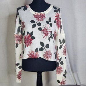 Altar'd State White Salmon Red Green Floral Cropped Acrylic Knit LS Sweater Sz S